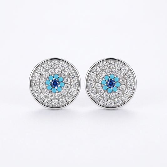 Dainty Evil Eye Studs: Gradient Blue Micro-Pave Zirconia in Fine Brass