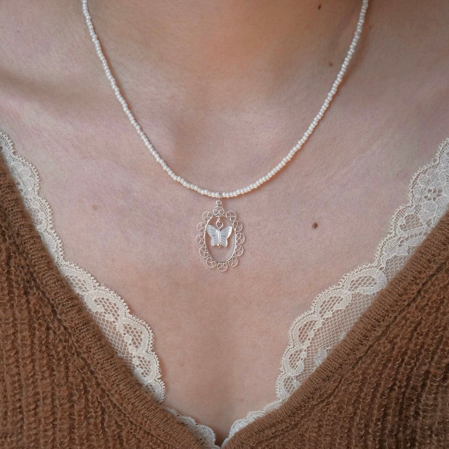 Vintage Butterfly Shell Bead Necklace