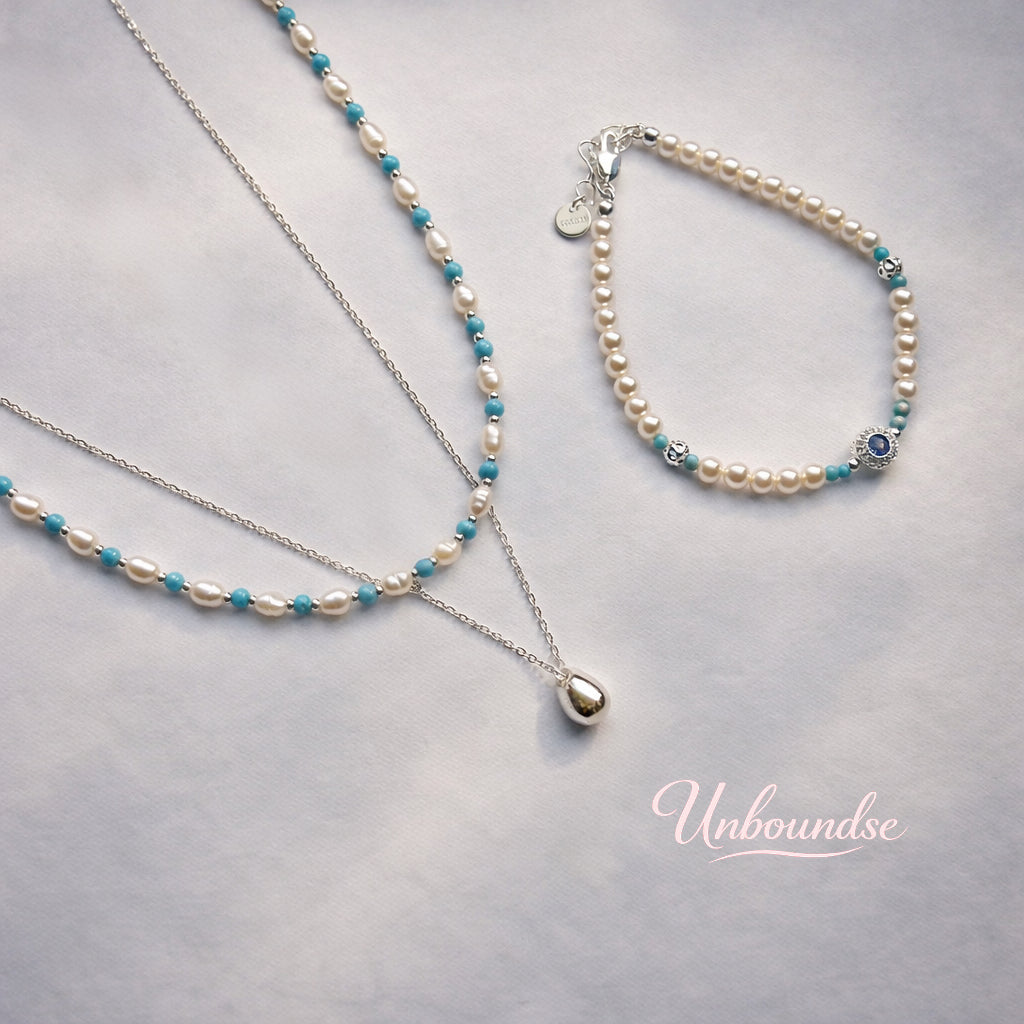 Set aus Halskette und Armband mit Süßwasserperlen und Türkis