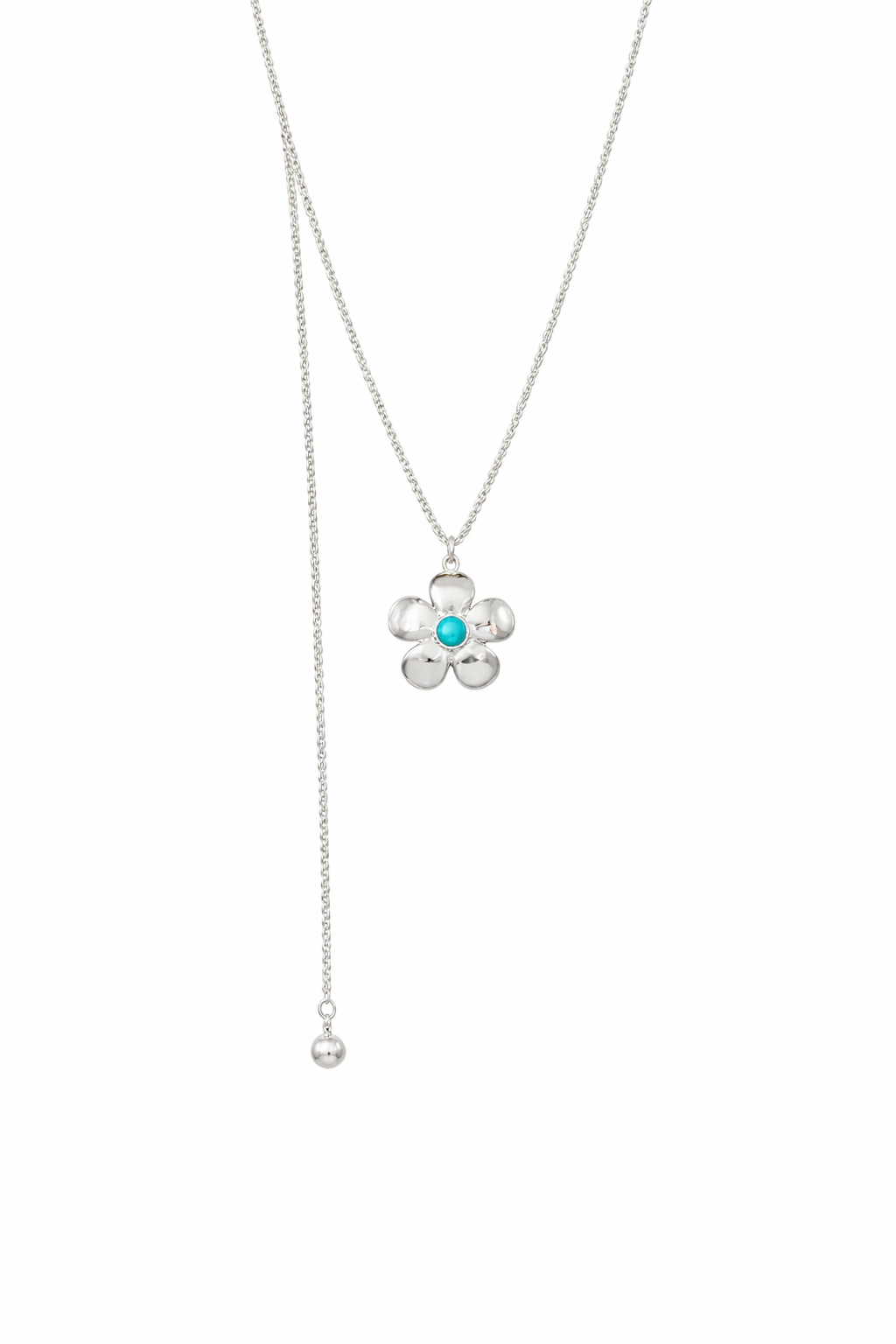 Silver Flower Turquoise Adjustable Lariat Necklace
