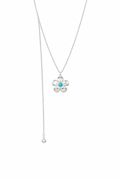 Silver Flower Turquoise Adjustable Lariat Necklace
