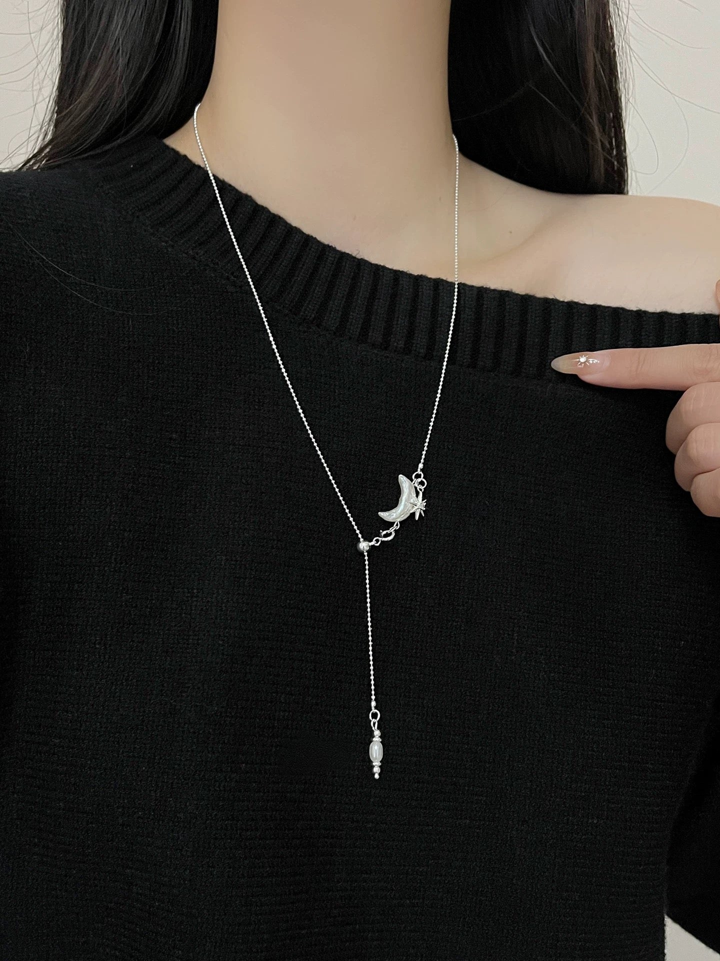 Moon Pearl Lariat Necklace