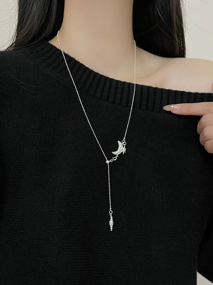 Moon Pearl Lariat Necklace