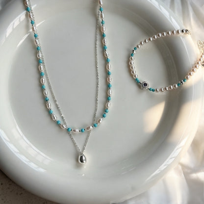 Set aus Halskette und Armband mit Süßwasserperlen und Türkis