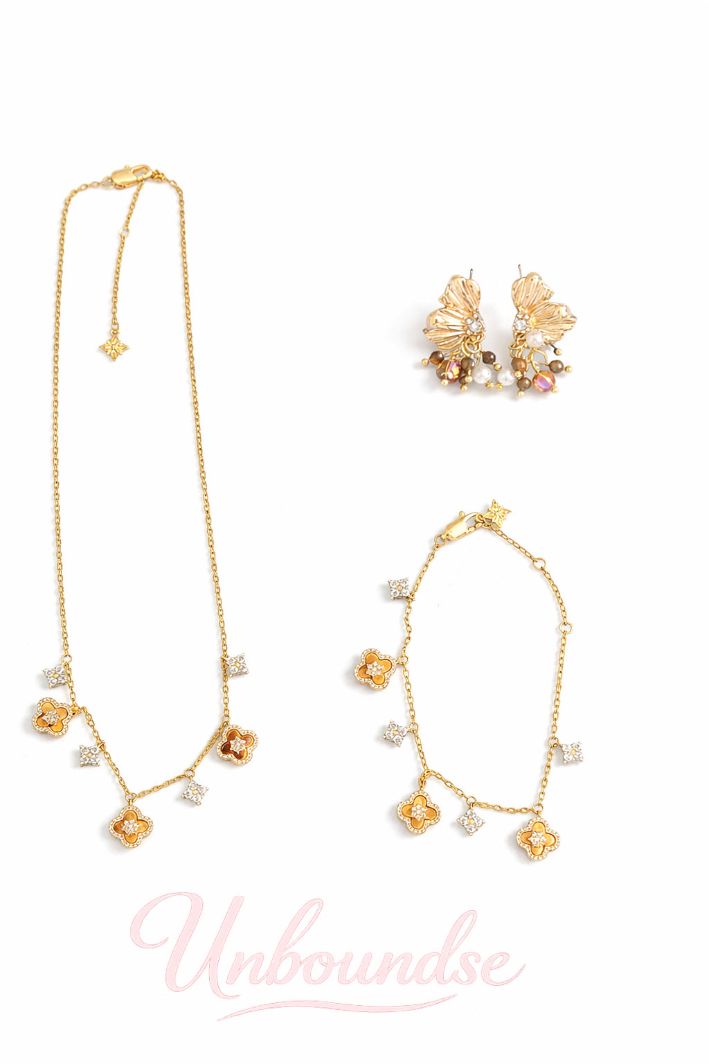 Tigeraugen-Kleeblatt-Schmuckset – Halskette und Armband, 18 Karat vergoldet