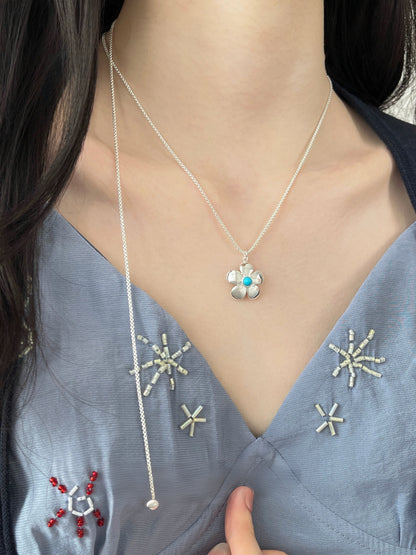 Silver Flower Turquoise Adjustable Lariat Necklace