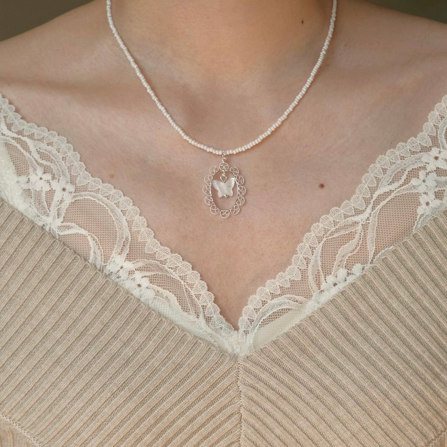 Vintage Butterfly Shell Bead Necklace